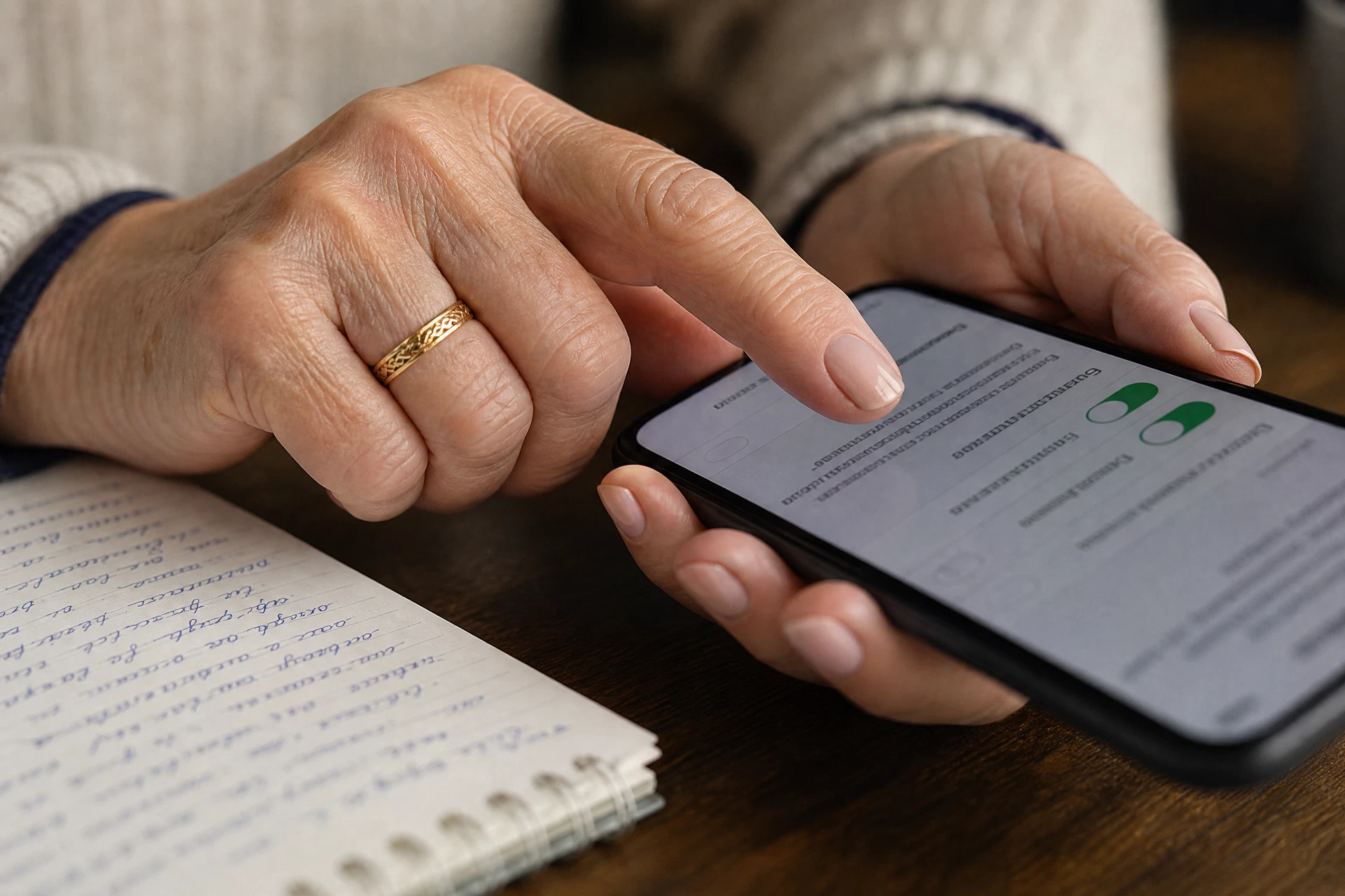 Hände prüfen Privatsphäre-Einstellungen auf einem Smartphone