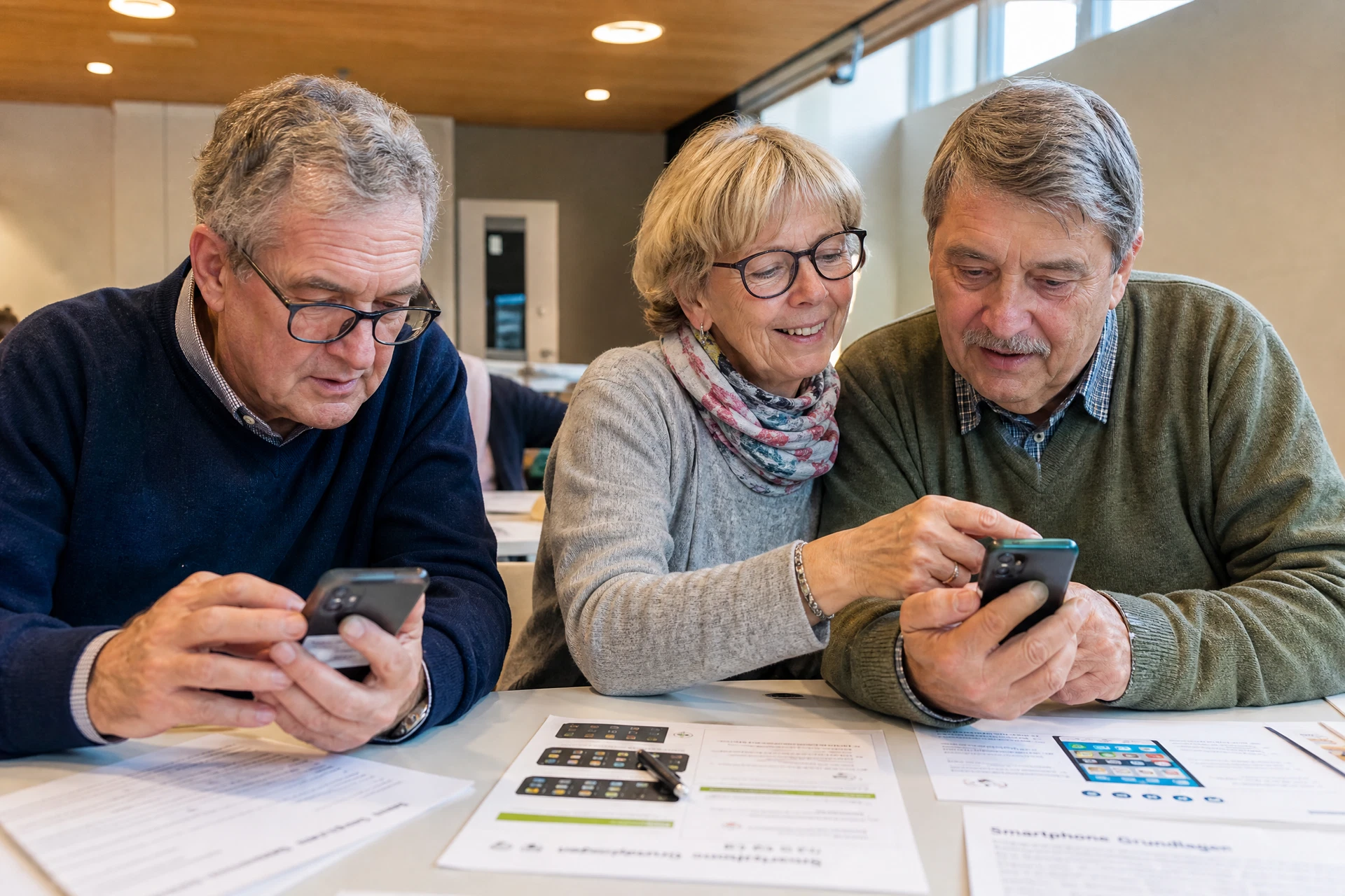 Kleine Gruppe übt gemeinsam WhatsApp-Funktionen