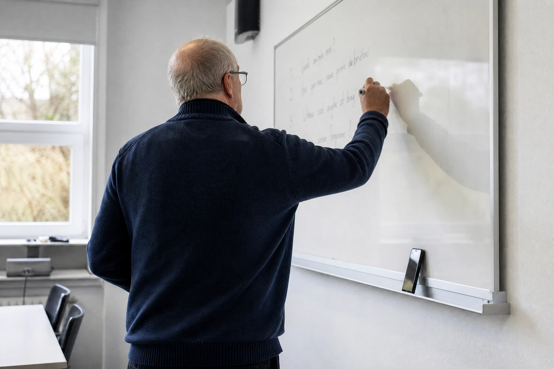 Kursleiter erklärt WhatsApp-Schritte an einem Whiteboard