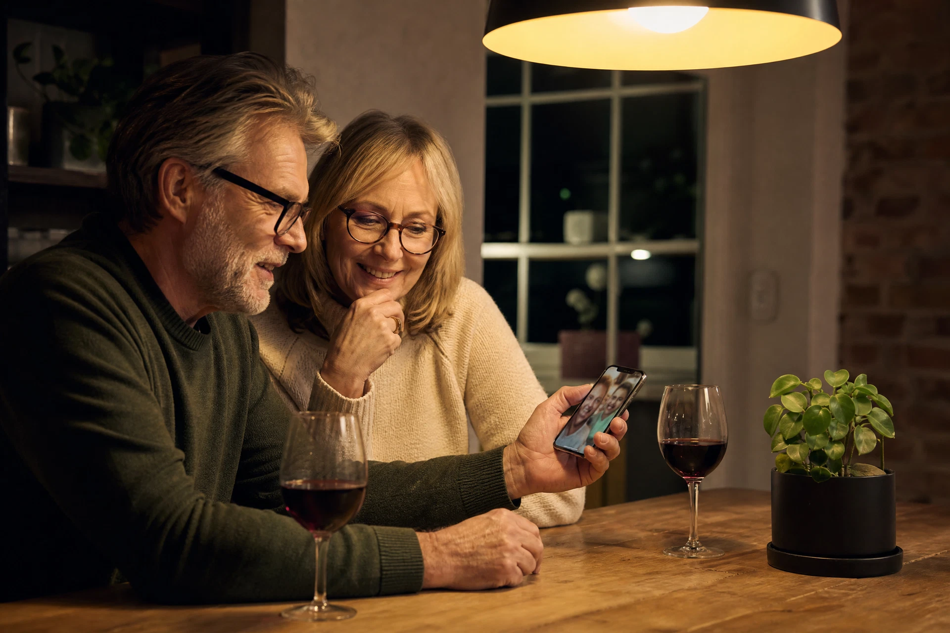 Zwei Erwachsene besprechen gemeinsam WhatsApp-Funktionen am Tisch